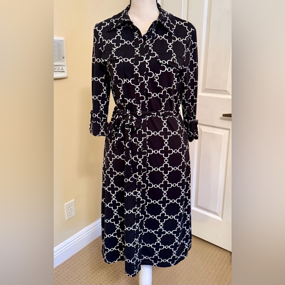 Charter Club Black and White Geometric Midi Shirt Dress with Tie Waist, Sz S